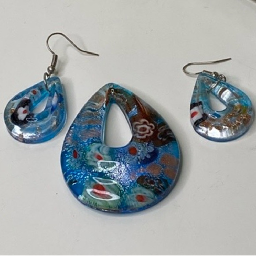 Millefiori Glass Pendant and Earrings Set Blue with Silver Open Teardrop Donut‎ - Picture 2 of 8
